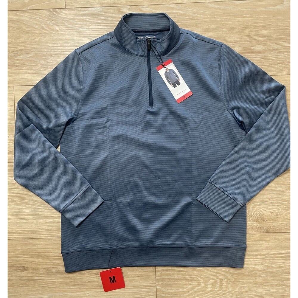 NWT Hickey Freeman Men's Medium Blue Stripe 1/4 Zip Long Sleeve Sweater Pullover